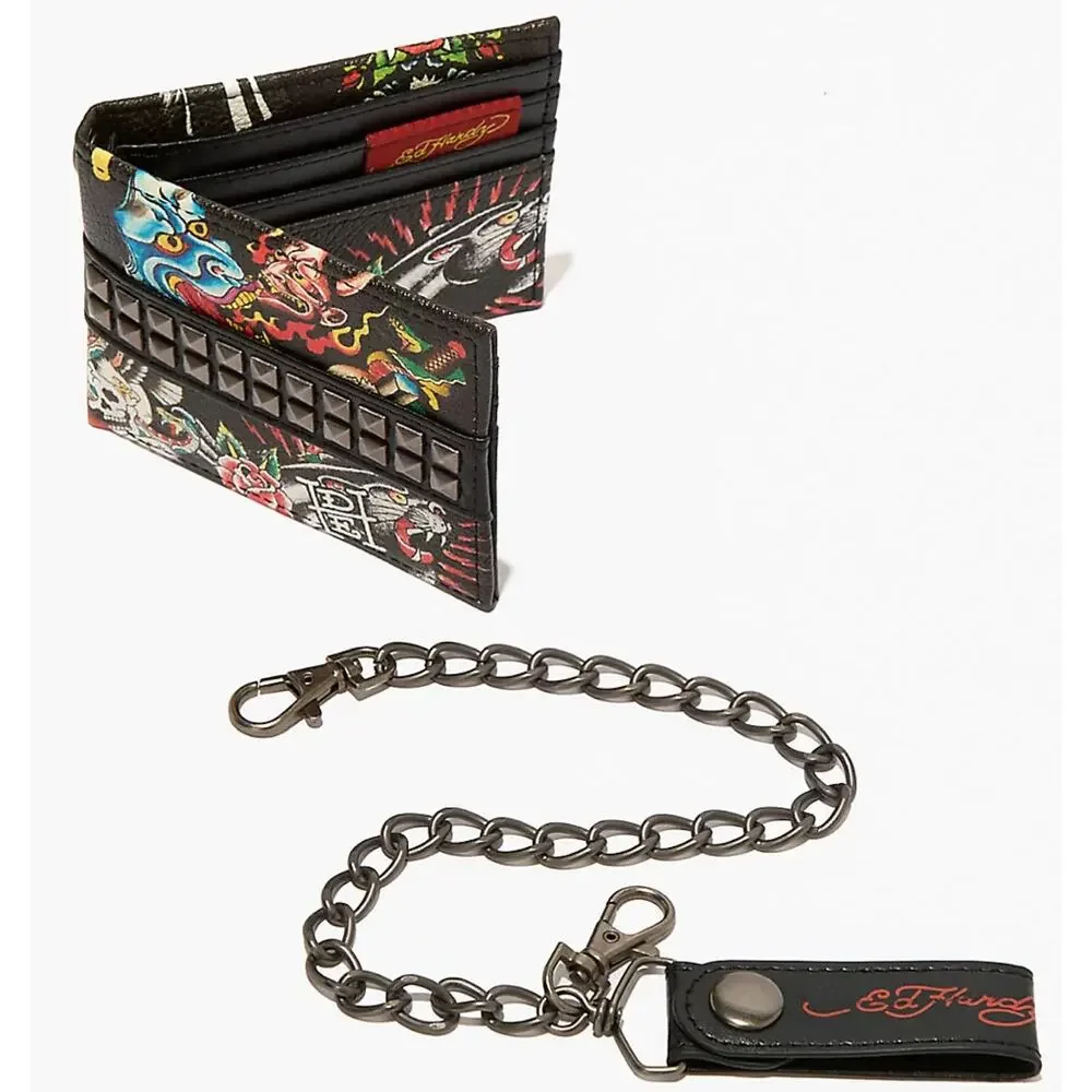 Ed Hardy Men's Pyramid Stud Biker Bifold Black Wallet With Removable Chain